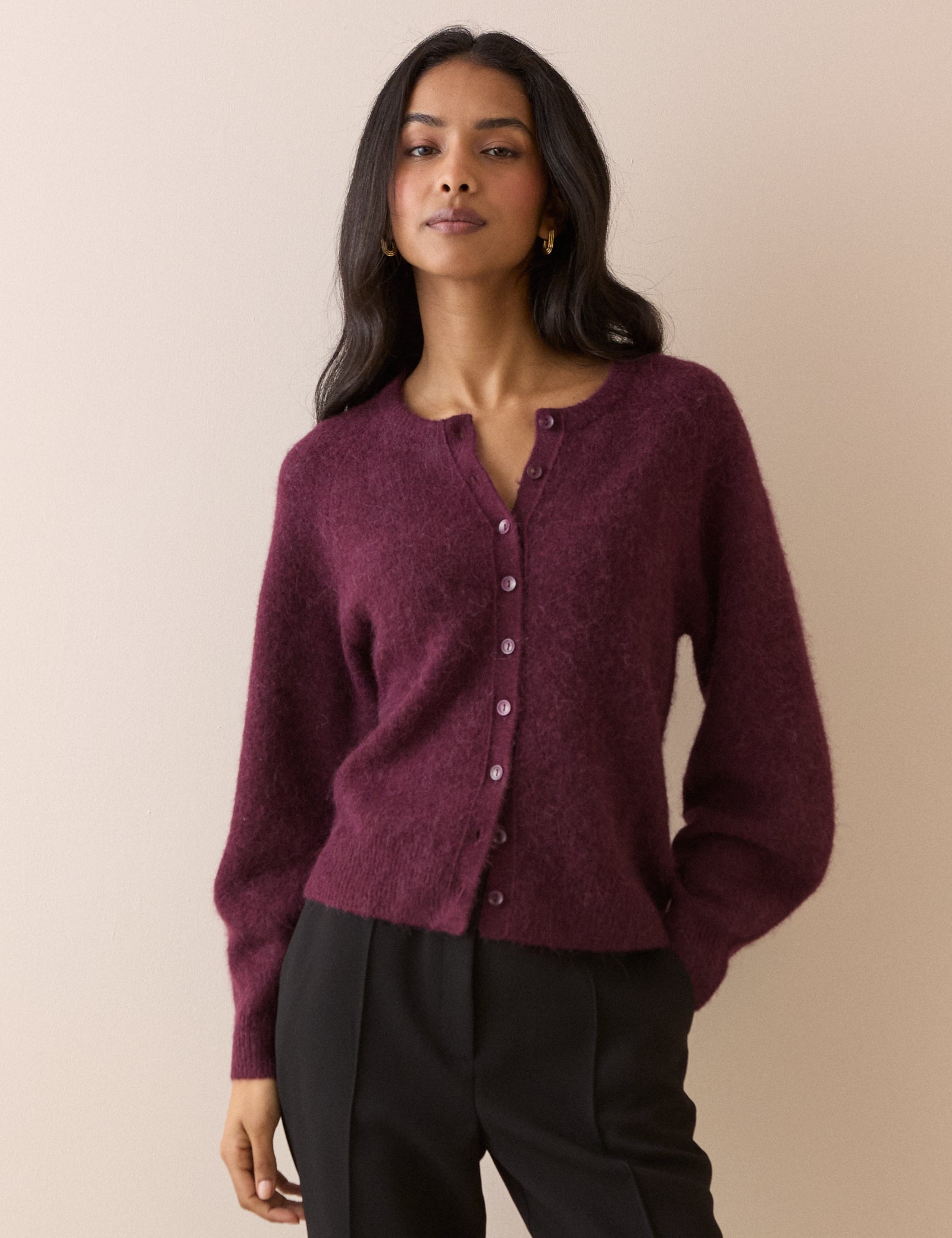Burgundy Ribbed Trim Cardigan