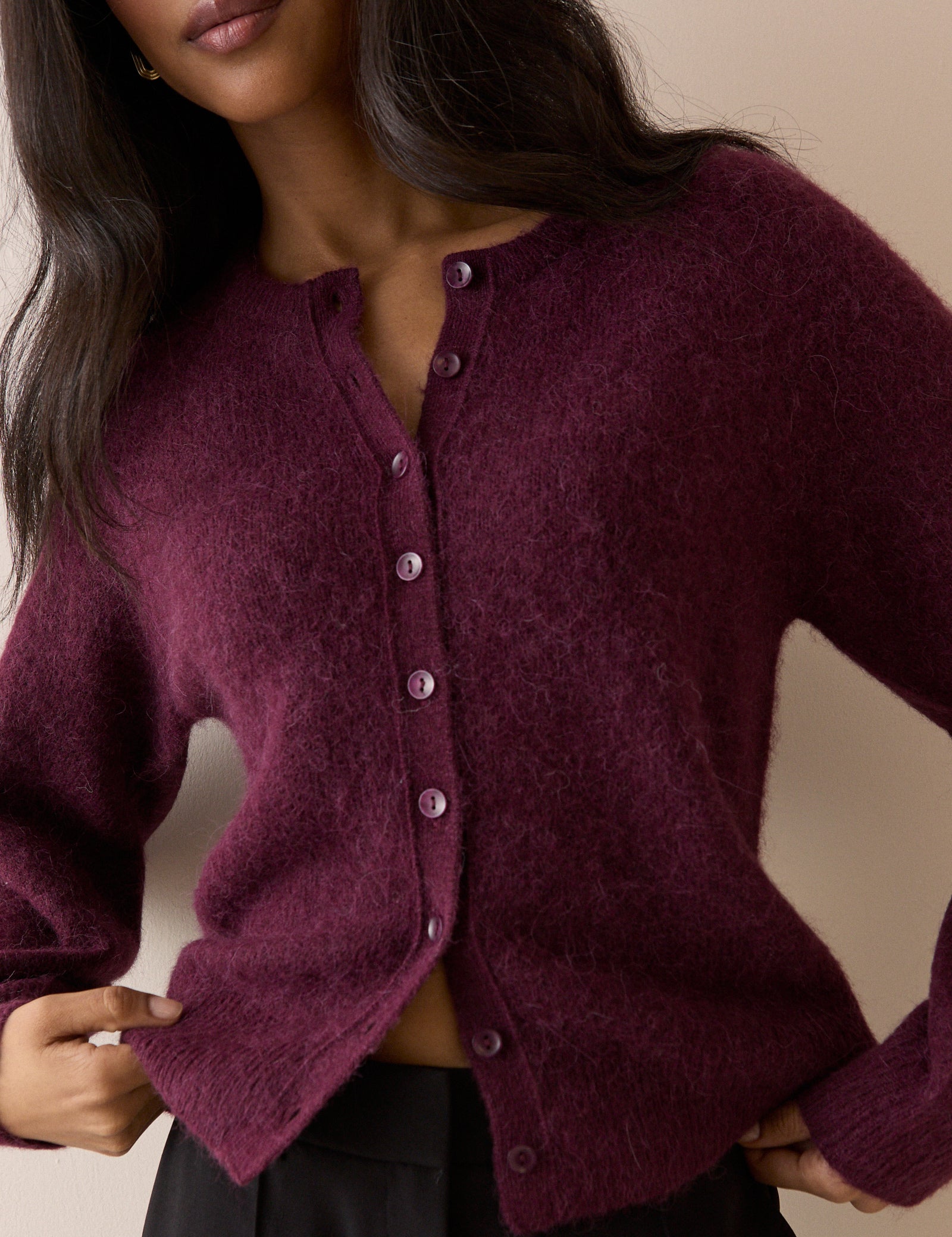 Burgundy Ribbed Trim Cardigan
