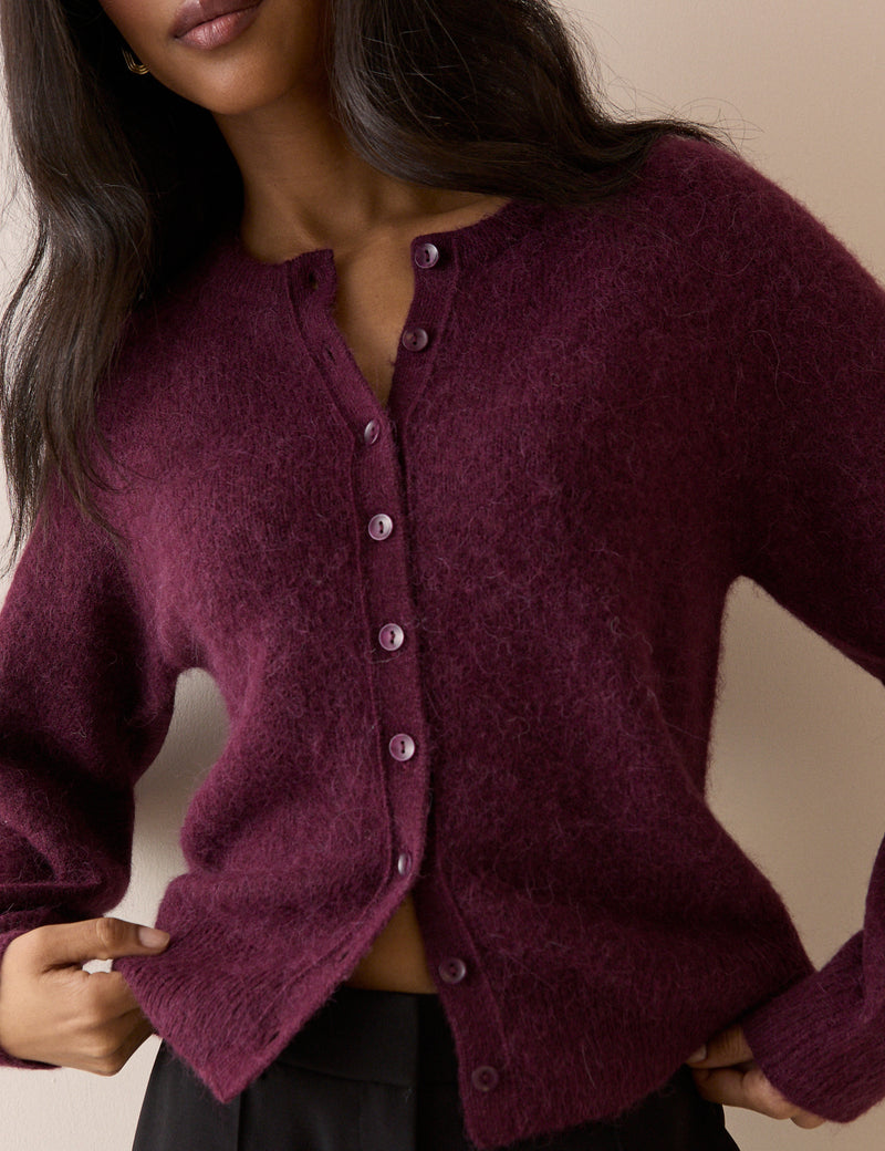 Burgundy Ribbed Trim Cardigan