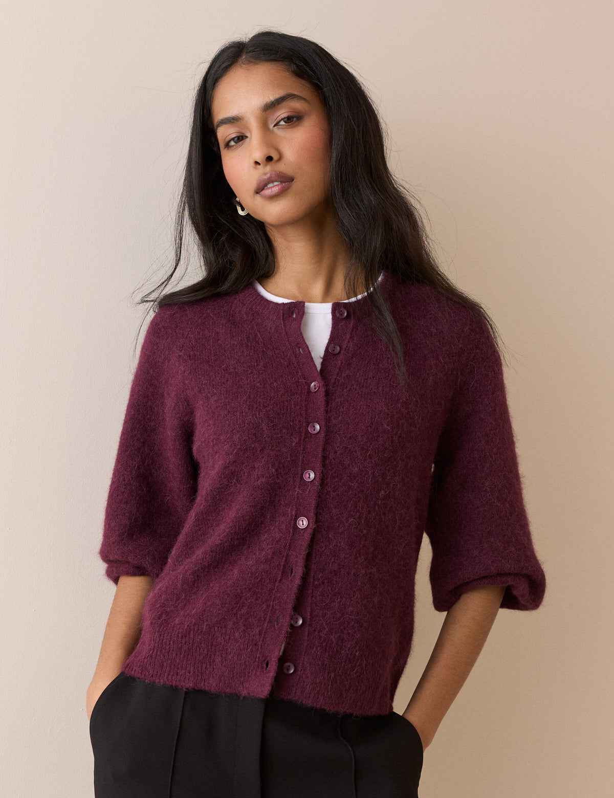 Burgundy Ribbed Trim Cardigan
