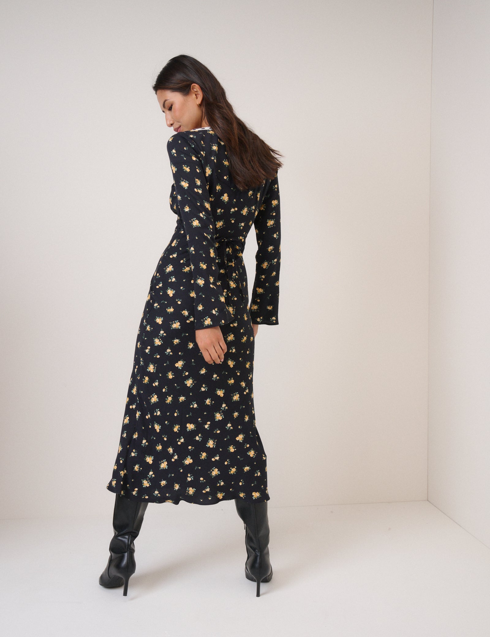Black Floral Long Sleeve Naples Midi Dress