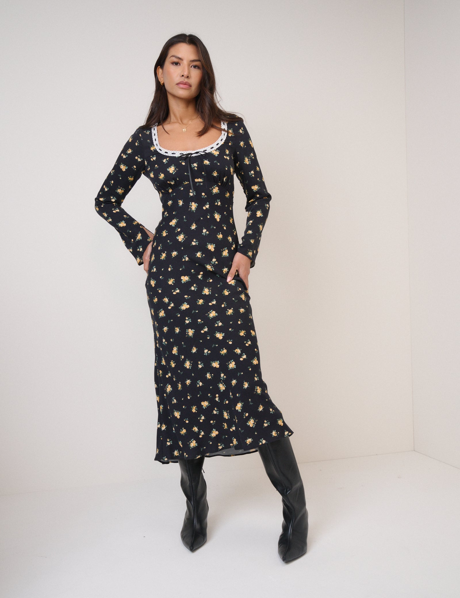 Black Floral Long Sleeve Naples Midi Dress Black Floral Long Sleeve Naples Midi Dress