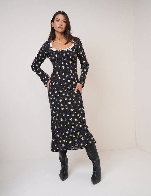 Black Floral Long Sleeve Naples Midi Dress