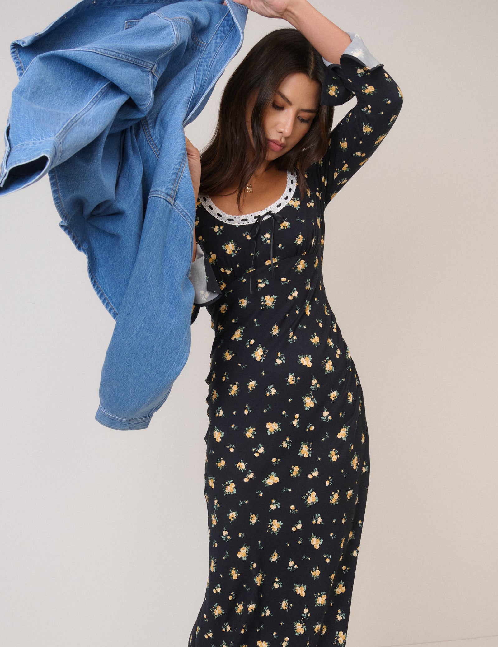 Black Floral Long Sleeve Naples Midi Dress Black Floral Long Sleeve Naples Midi Dress