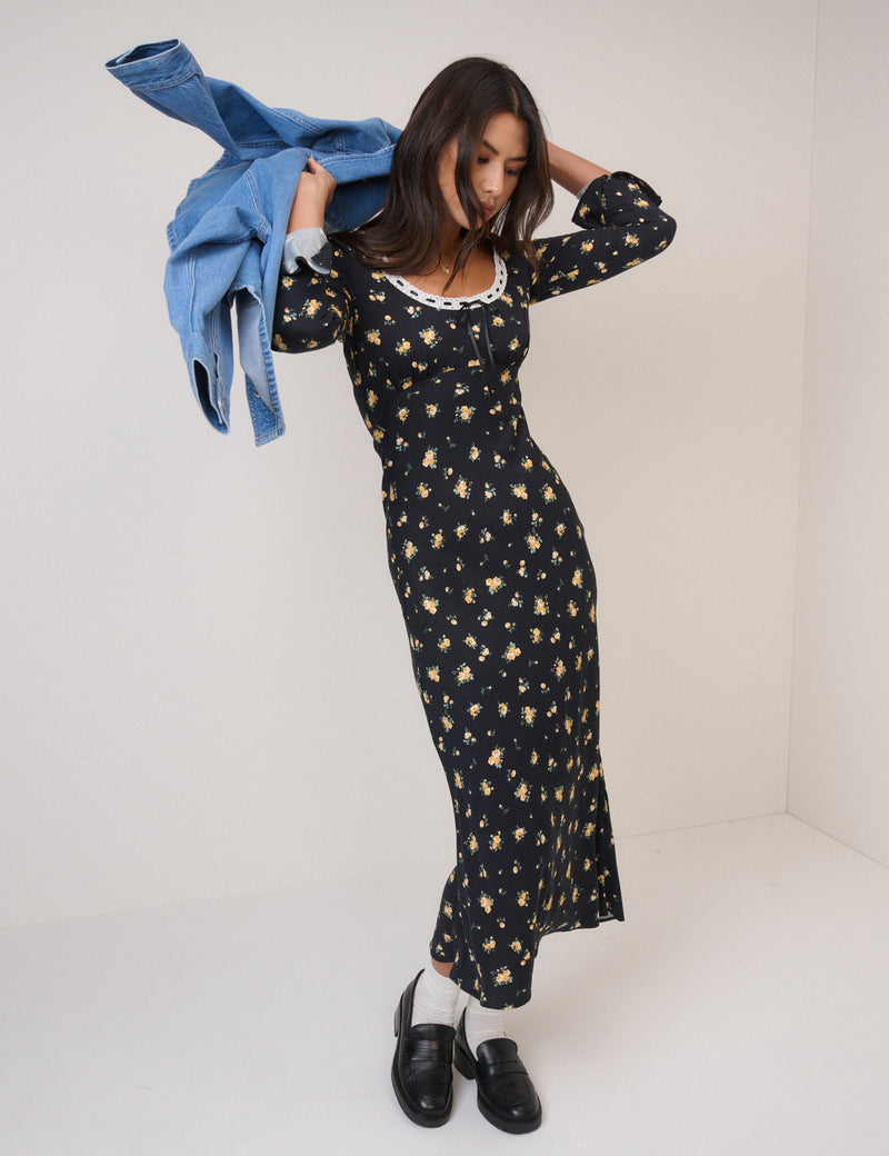 Black Floral Long Sleeve Naples Midi Dress