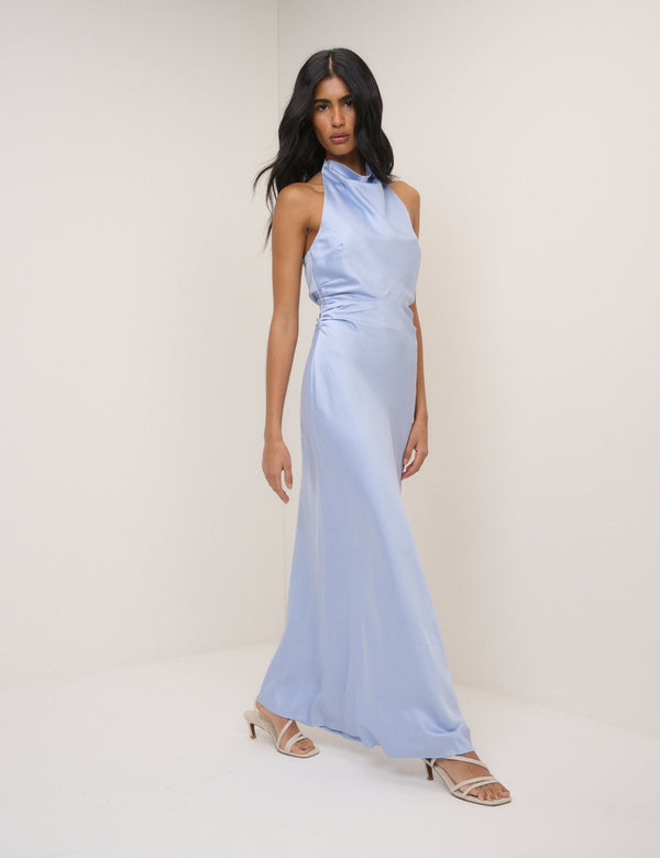 Soft Blue Satin Column Devin Maxi Dress