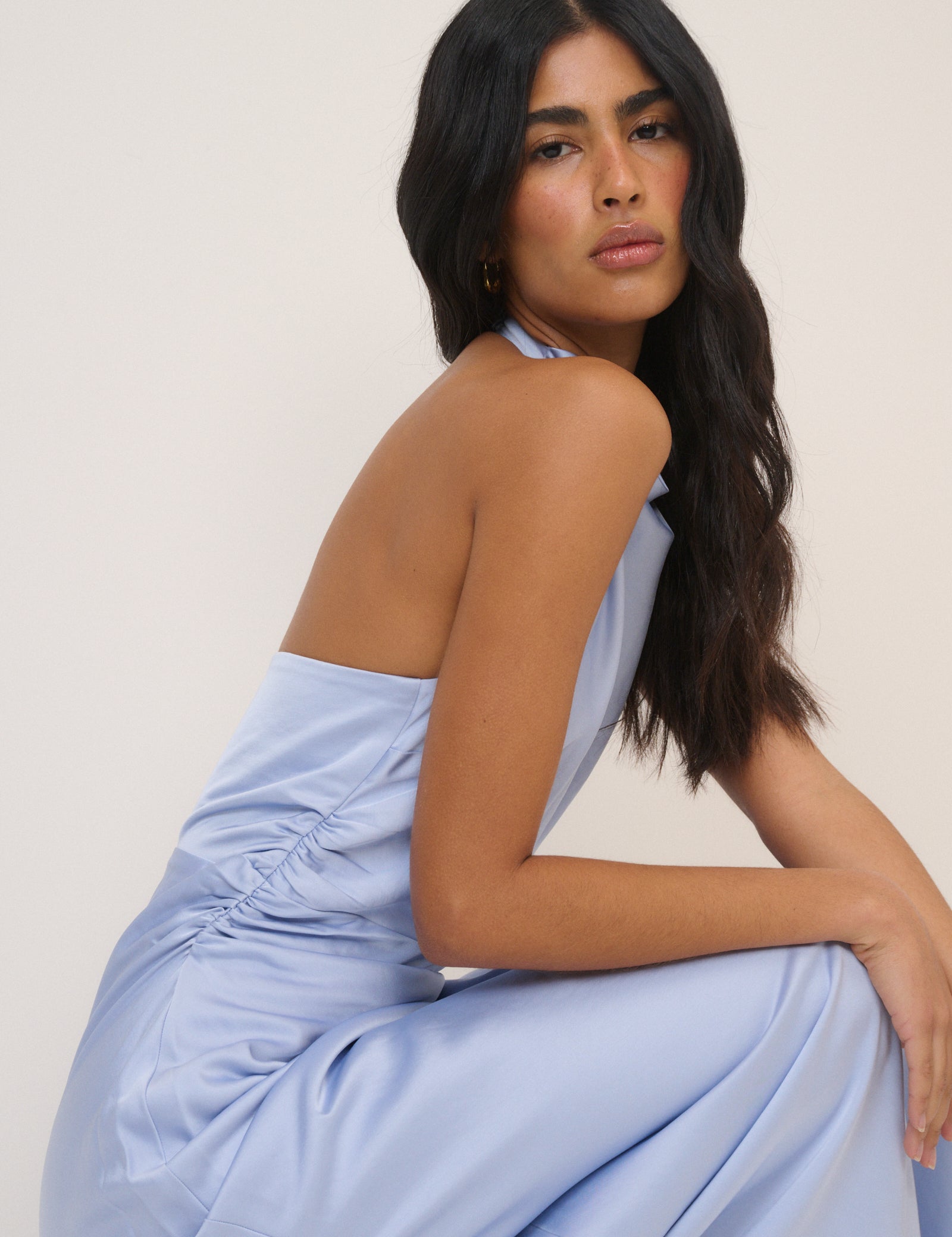 Soft Blue Satin Column Devin Maxi Dress