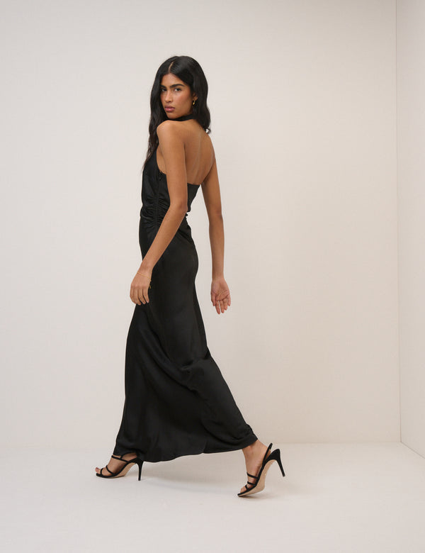 Black Satin Column Devin Maxi Dress