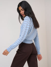 Blue Polka Dot Crew Neck Cardigan