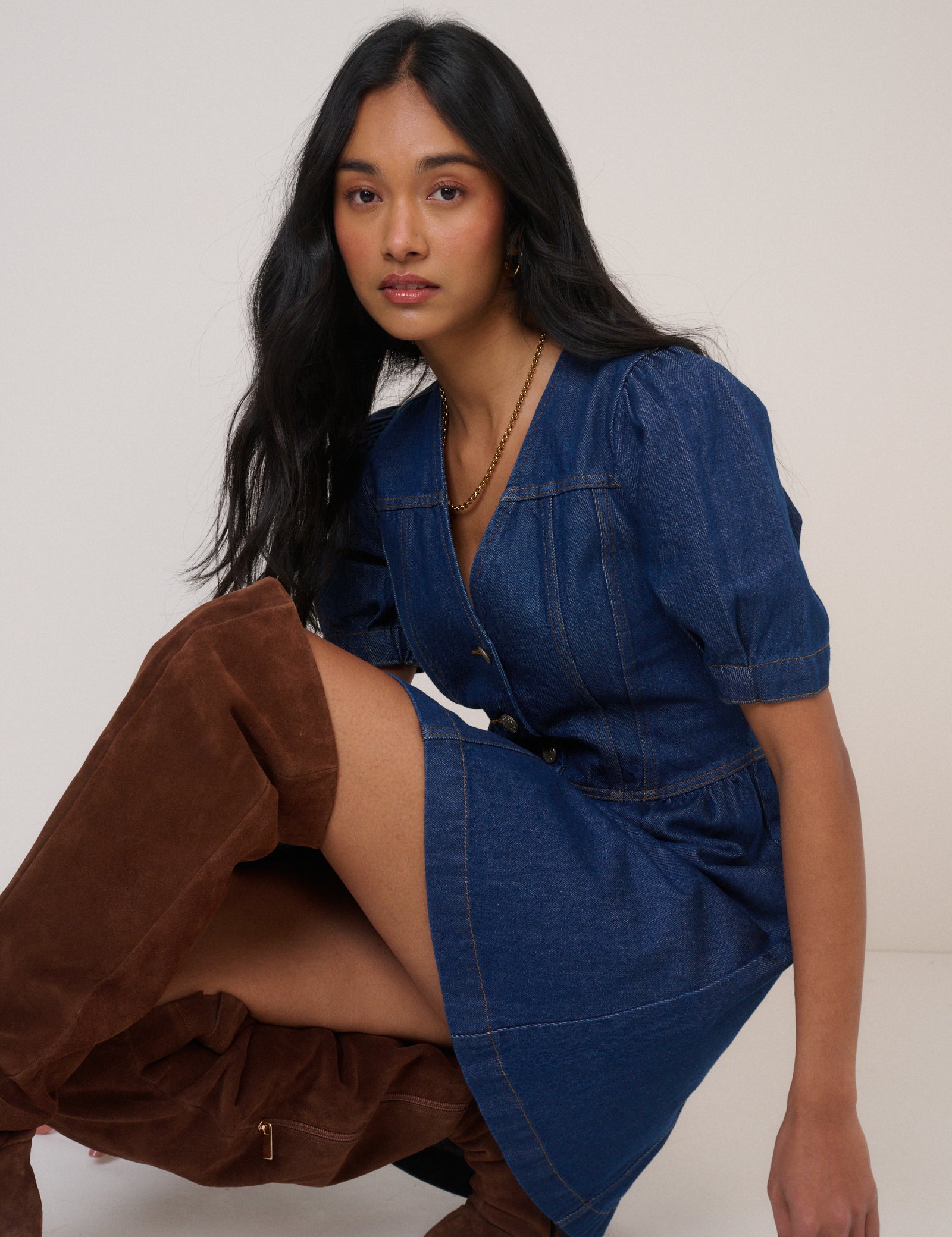 Blue Denim Puff Sleeve Sienna Mini Dress Blue Denim Puff Sleeve Sienna Mini Dress
