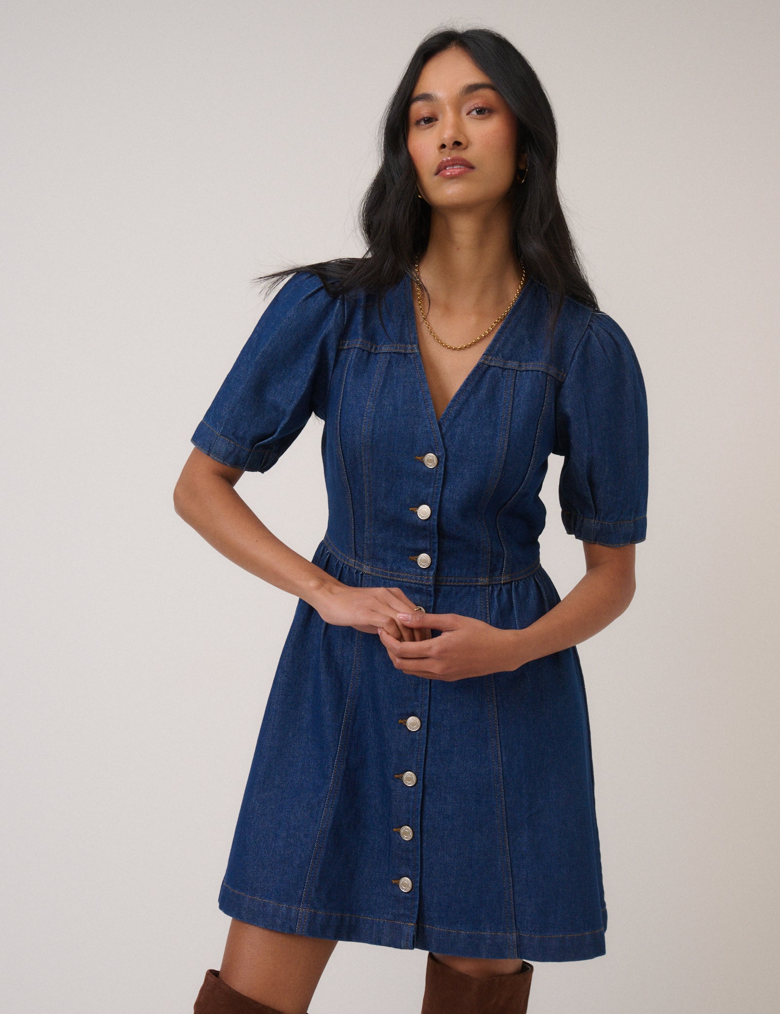 Blue Denim Puff Sleeve Sienna Mini Dress Blue Denim Puff Sleeve Sienna Mini Dress