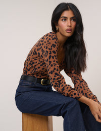 Brown Leopard Print Long Sleeve V-Neck Cardigan