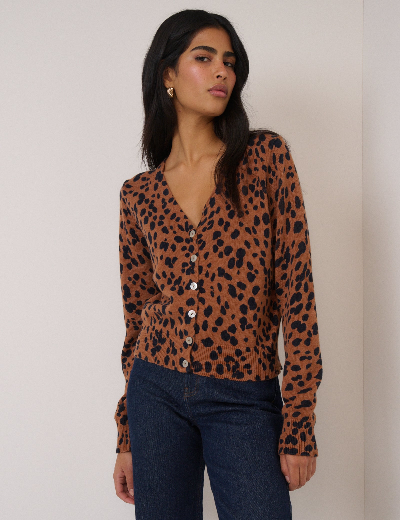 Brown Leopard Print Long Sleeve V-Neck Cardigan