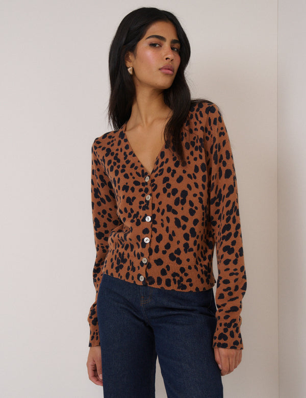 Brown Leopard Print Long Sleeve V-Neck Cardigan