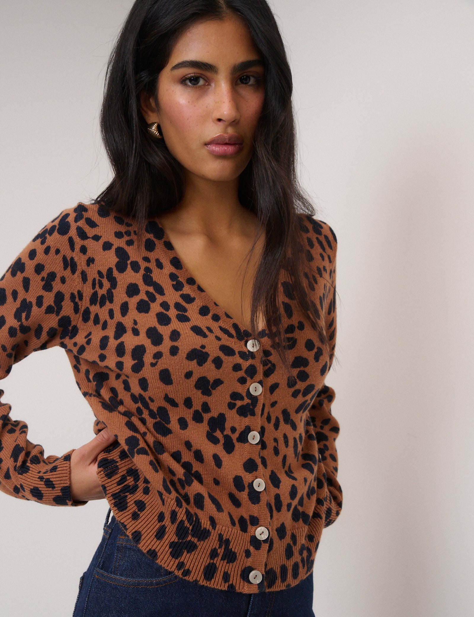 Brown Leopard Print Long Sleeve V-Neck Cardigan