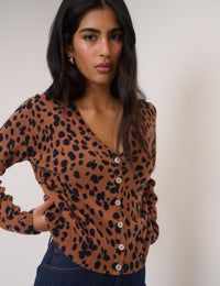 Brown Leopard Print Long Sleeve V-Neck Cardigan