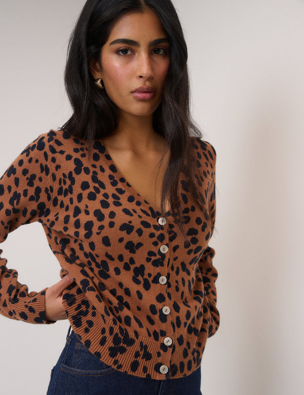Brown Leopard Print Long Sleeve V-Neck Cardigan