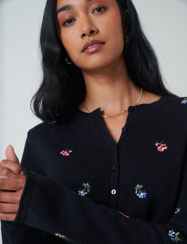 Black Floral Embroidered Cardigan