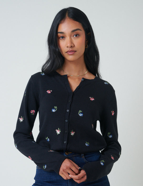 Black Floral Embroidered Cardigan