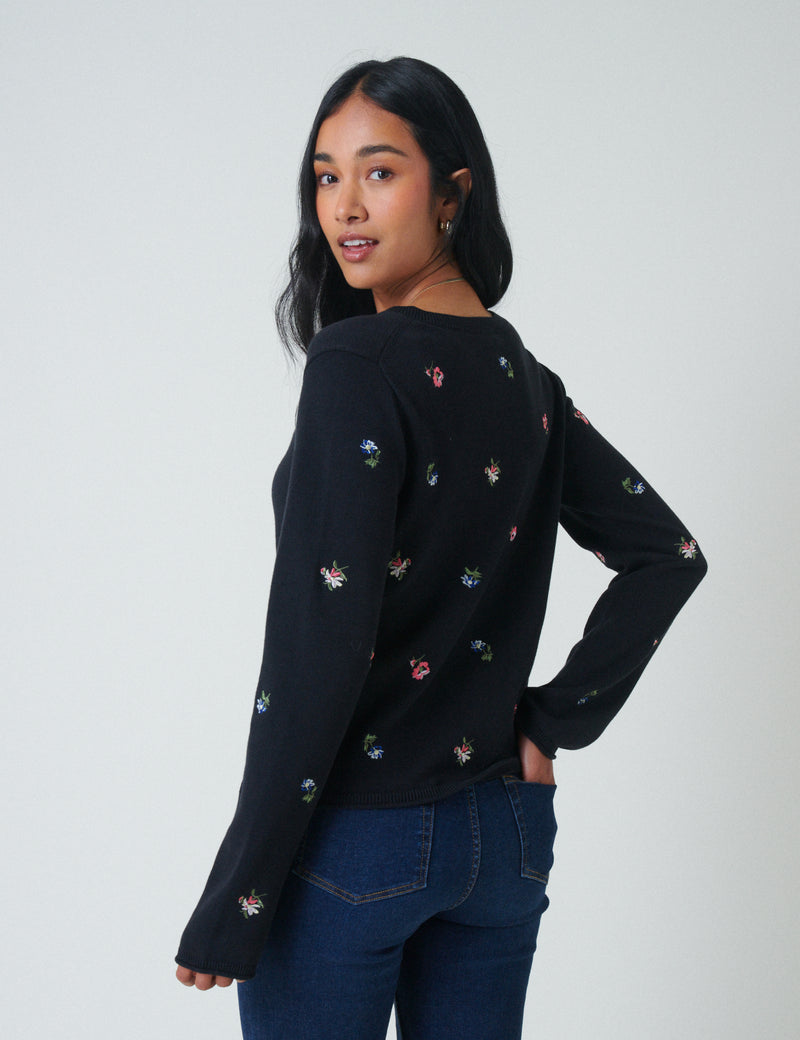 Black Floral Embroidered Cardigan