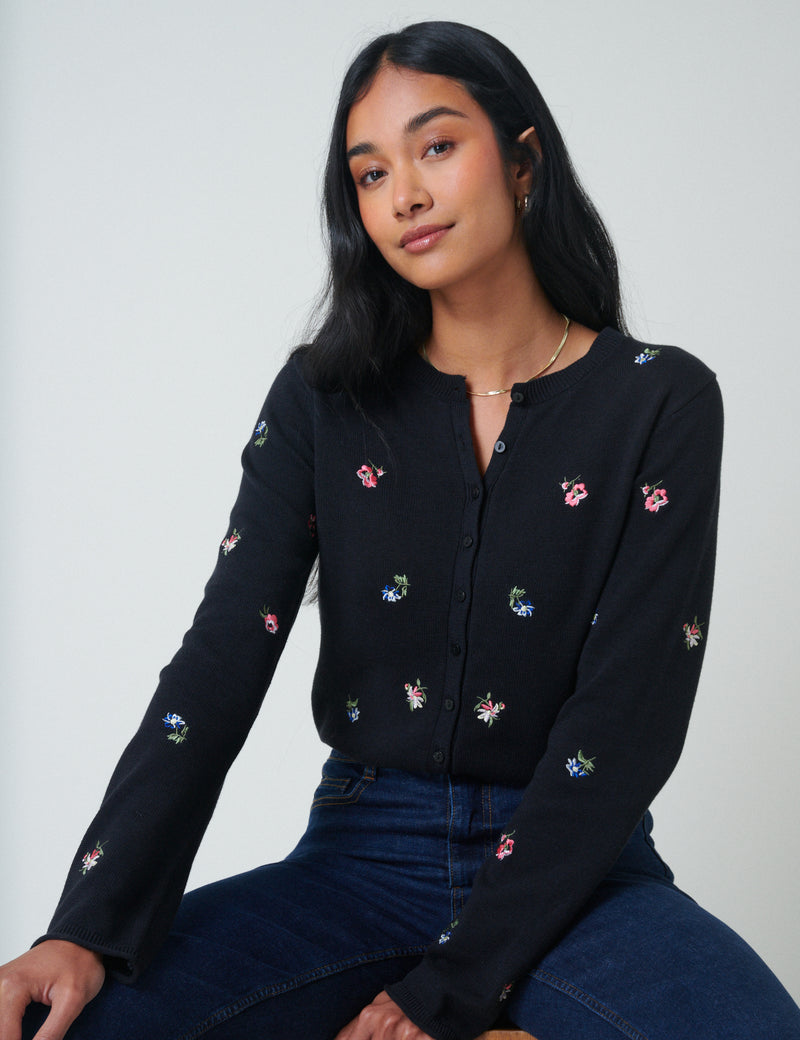 Black Floral Embroidered Cardigan