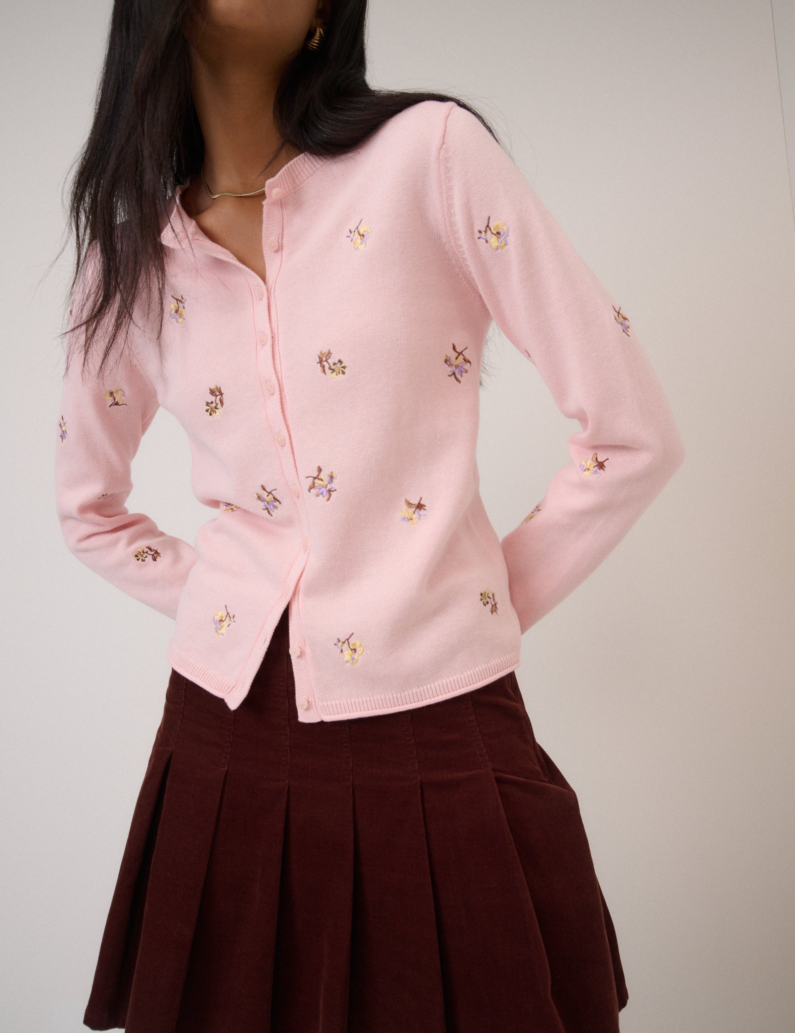 Pink Floral Embroidered Cardigan