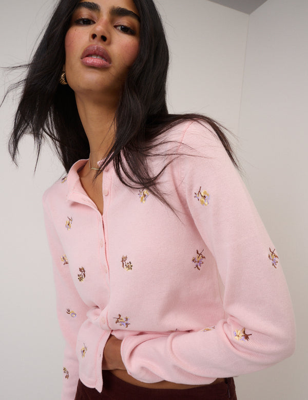 Pink Floral Embroidered Cardigan