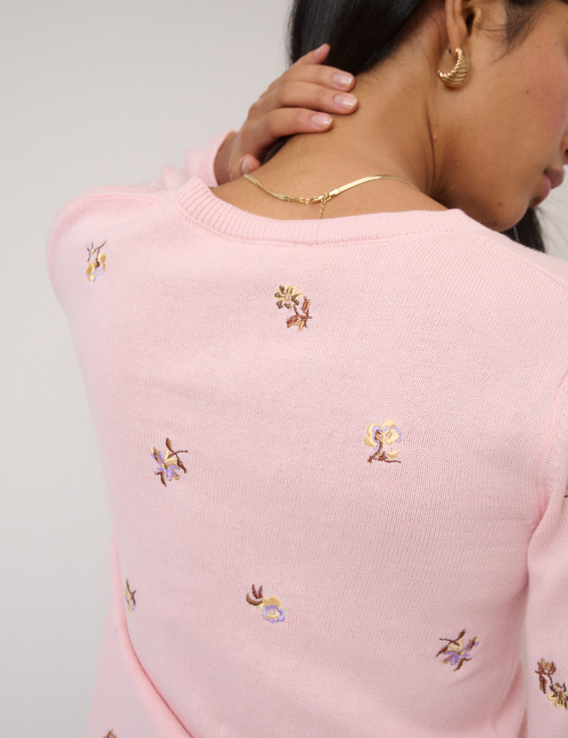 Pink Floral Embroidered Cardigan