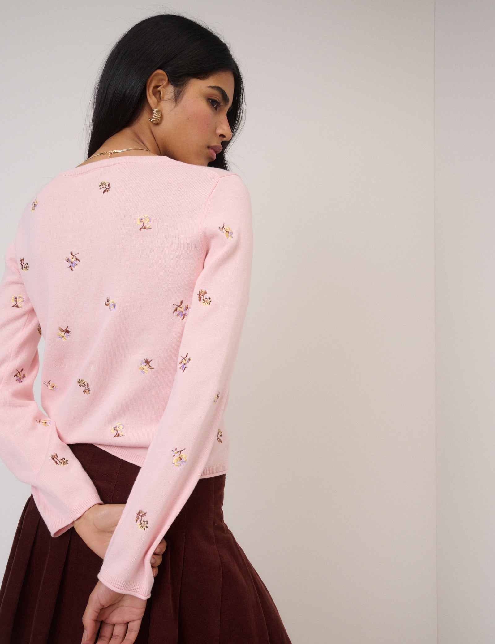Pink Floral Embroidered Cardigan