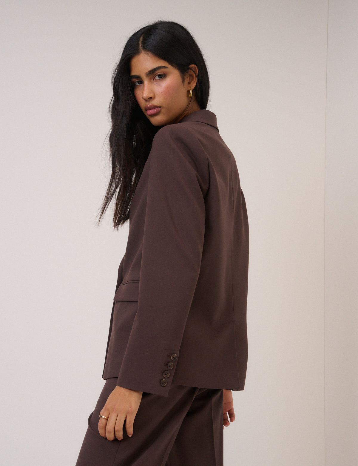 Chocolate Brown Twill Double Breasted Blazer