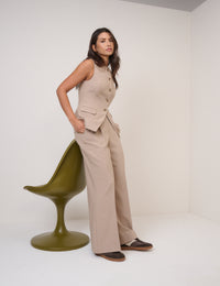 Beige Wide Leg Tailored Trousers