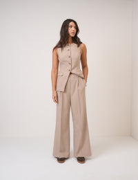 Beige Wide Leg Tailored Trousers