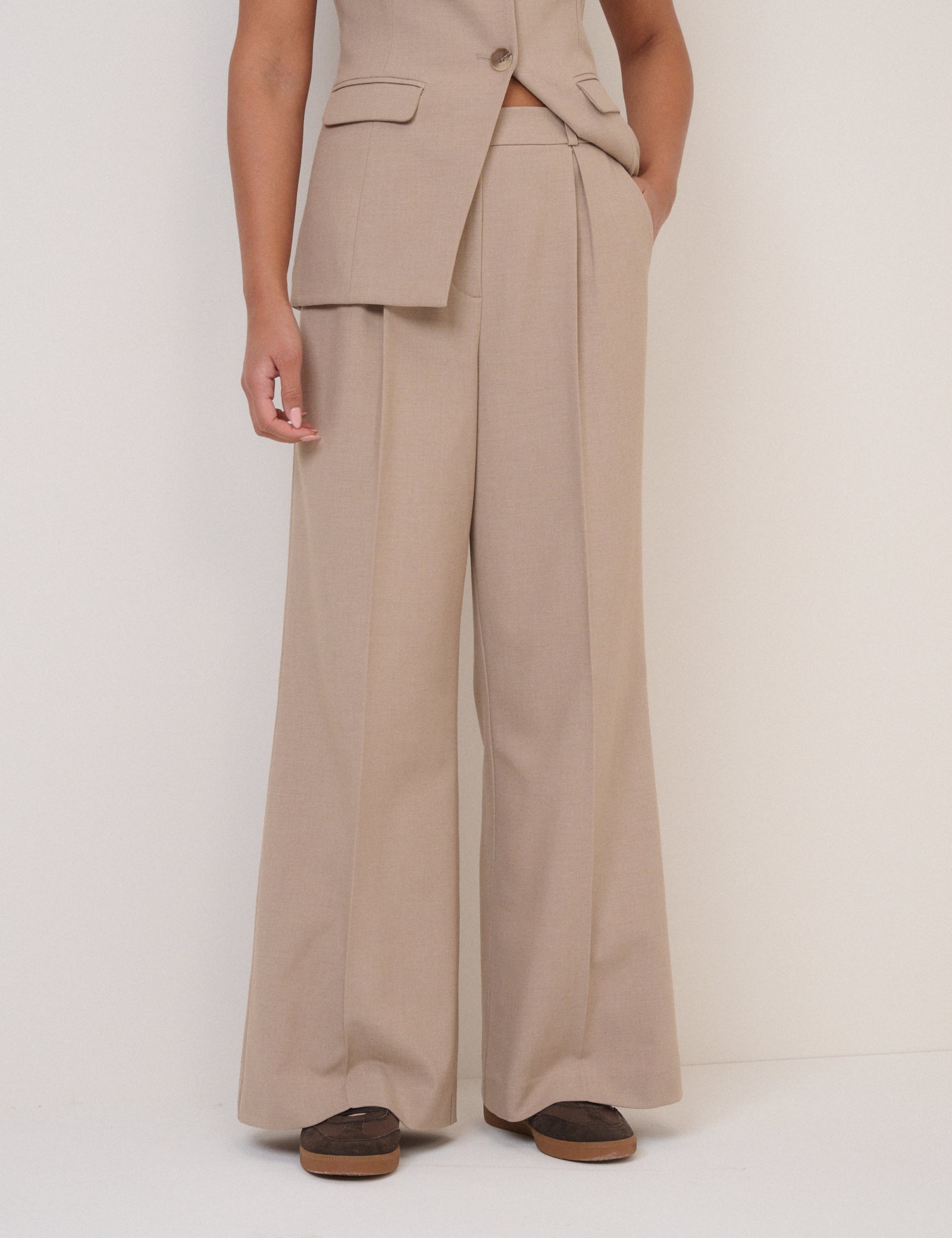 Beige Wide Leg Tailored Trousers