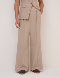 Beige Wide Leg Tailored Trousers