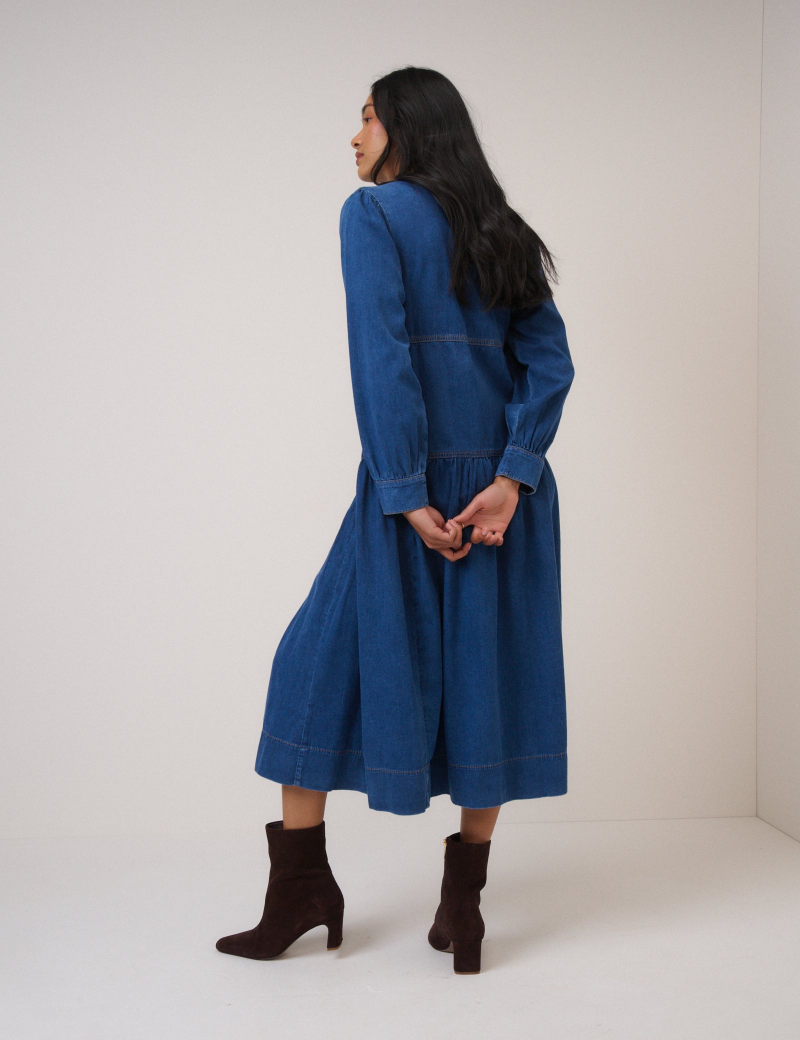 Blue Denim Zip Neck Midi Smock Dress
