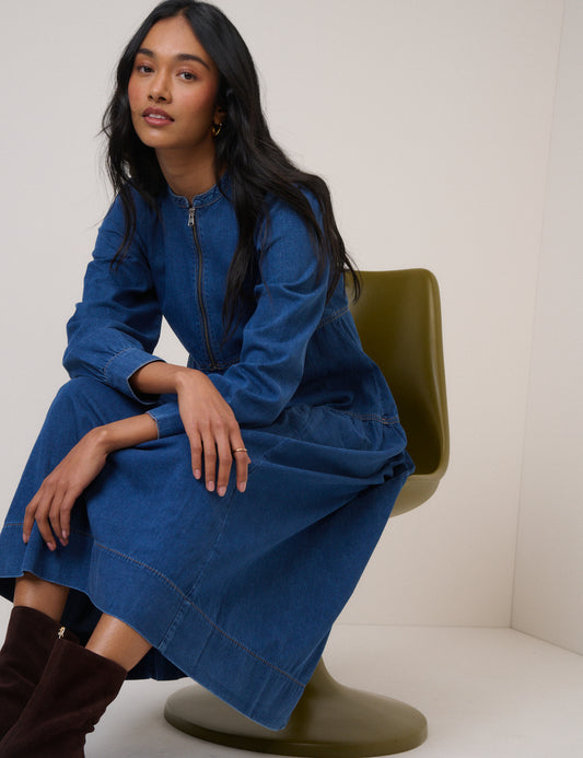 Blue Denim Zip Neck Midi Smock Dress