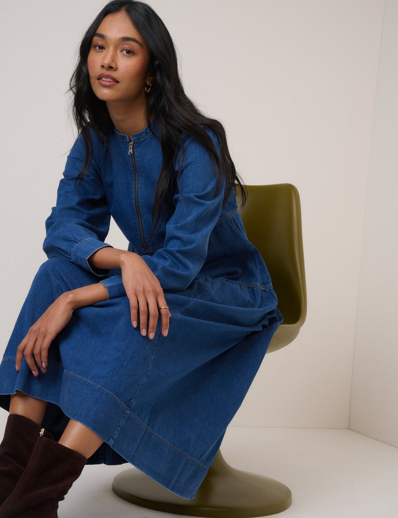 Blue Denim Zip Neck Midi Smock Dress