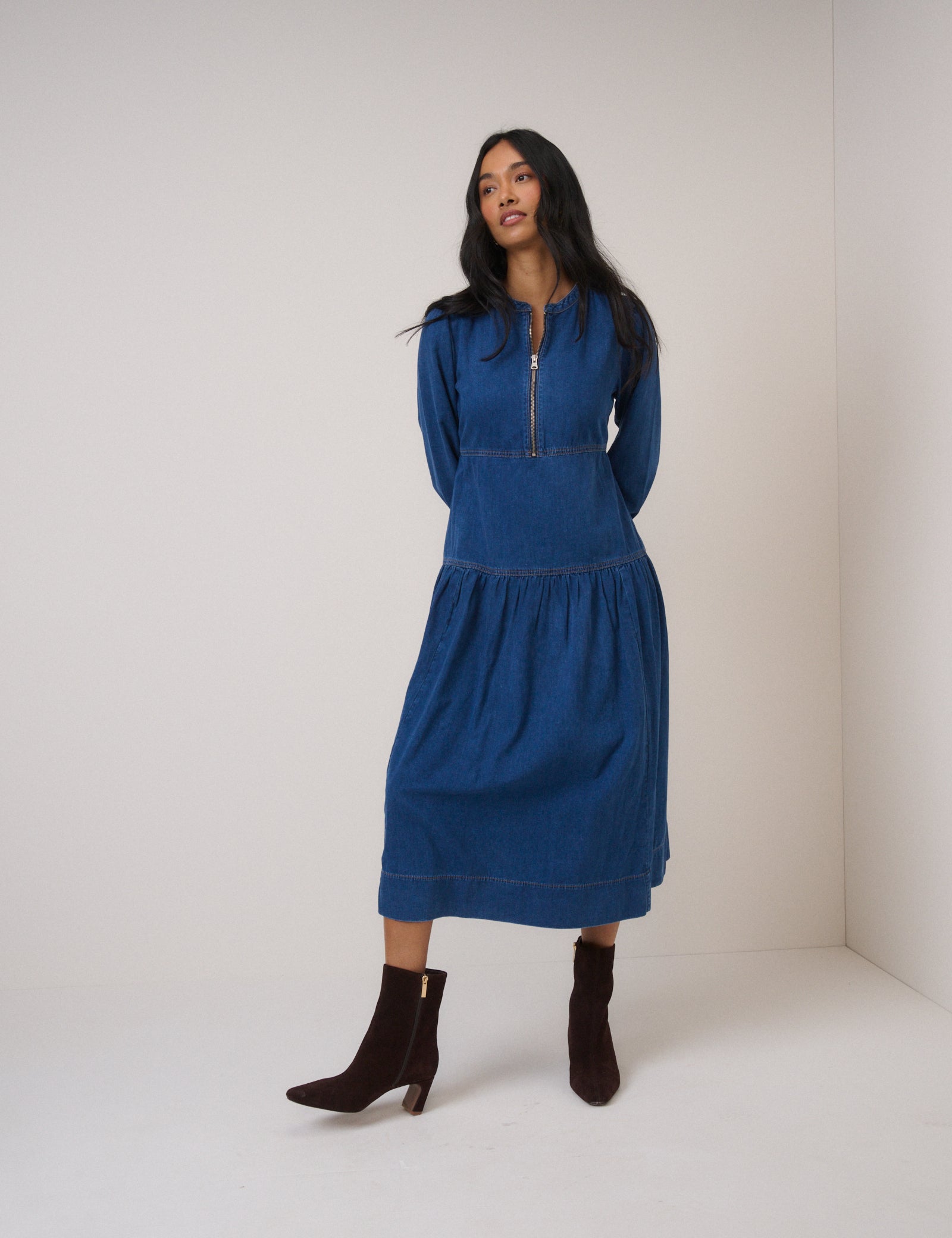 Blue Denim Zip Neck Midi Smock Dress