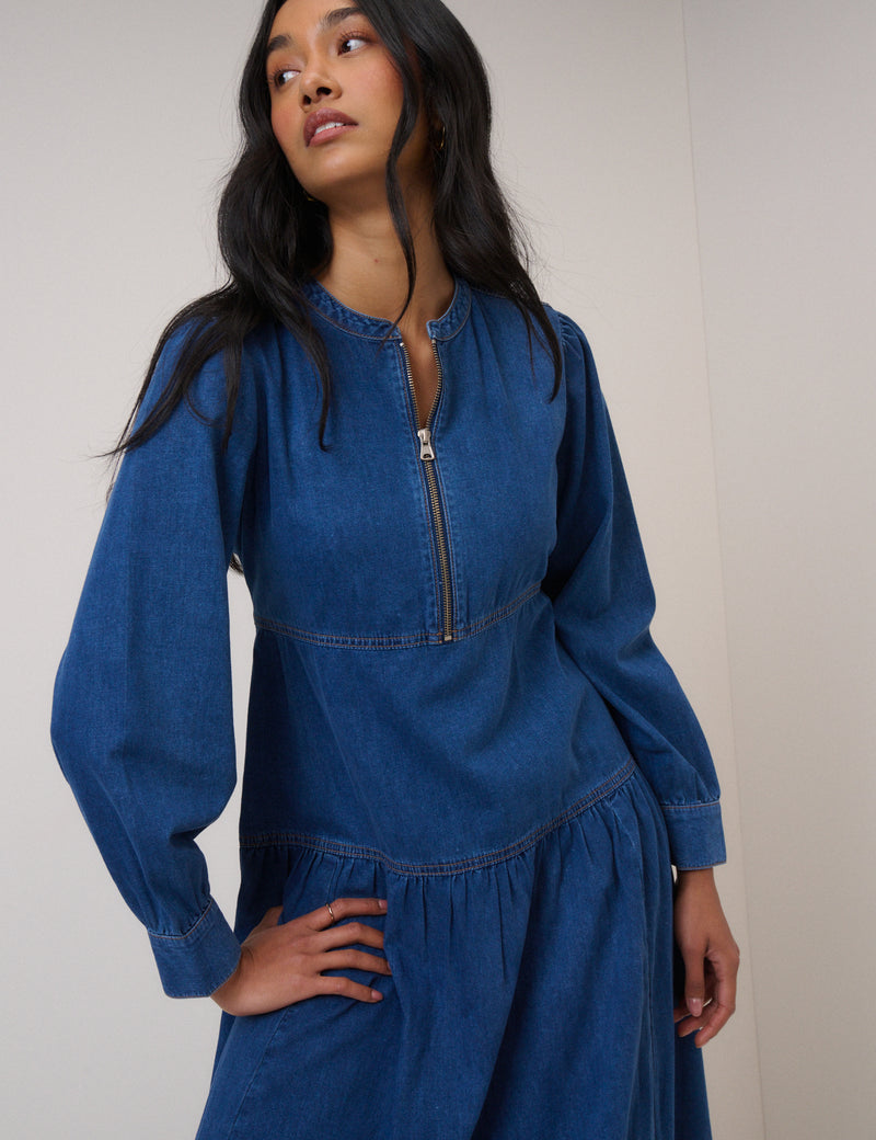 Blue Denim Zip Neck Midi Smock Dress