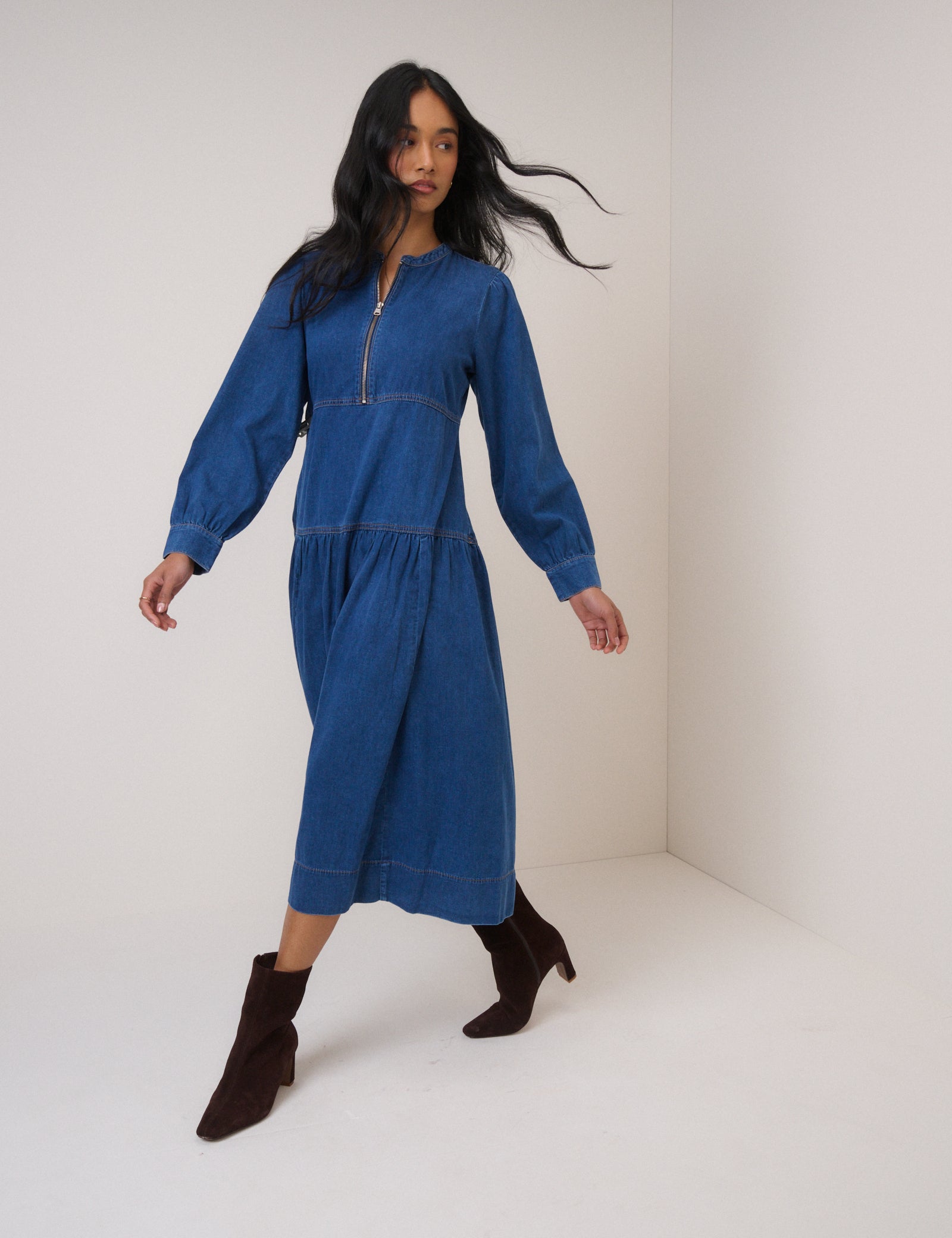 Blue Denim Zip Neck Midi Smock Dress