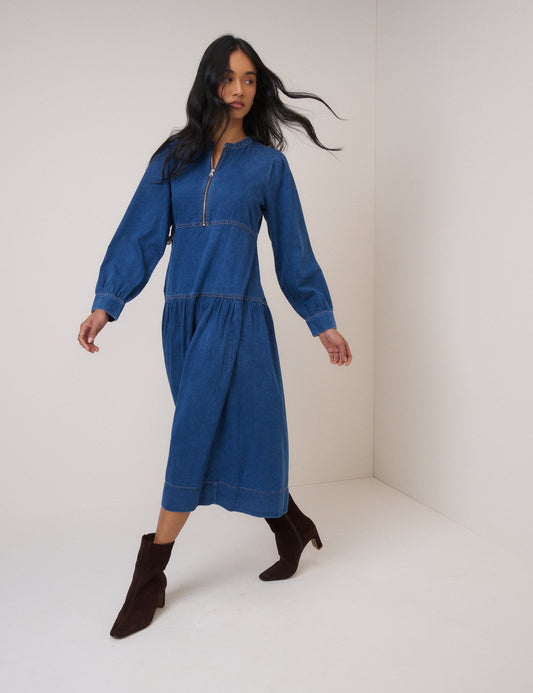 Blue Denim Zip Neck Midi Smock Dress Blue Denim Zip Neck Midi Smock Dress
