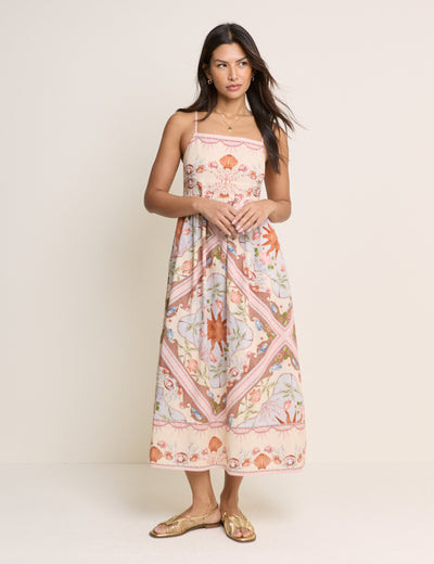 Peach Tile Print Athena Strappy Midi Dress