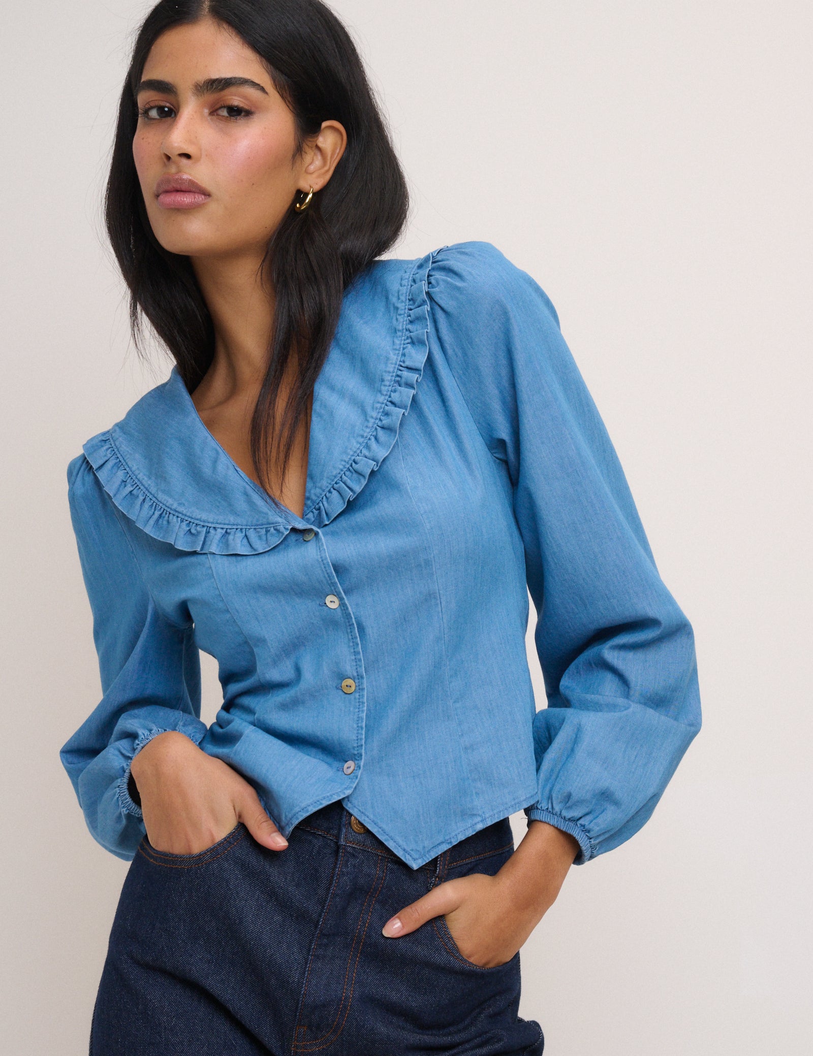 Blue Denim Frill Long Sleeve Blouse