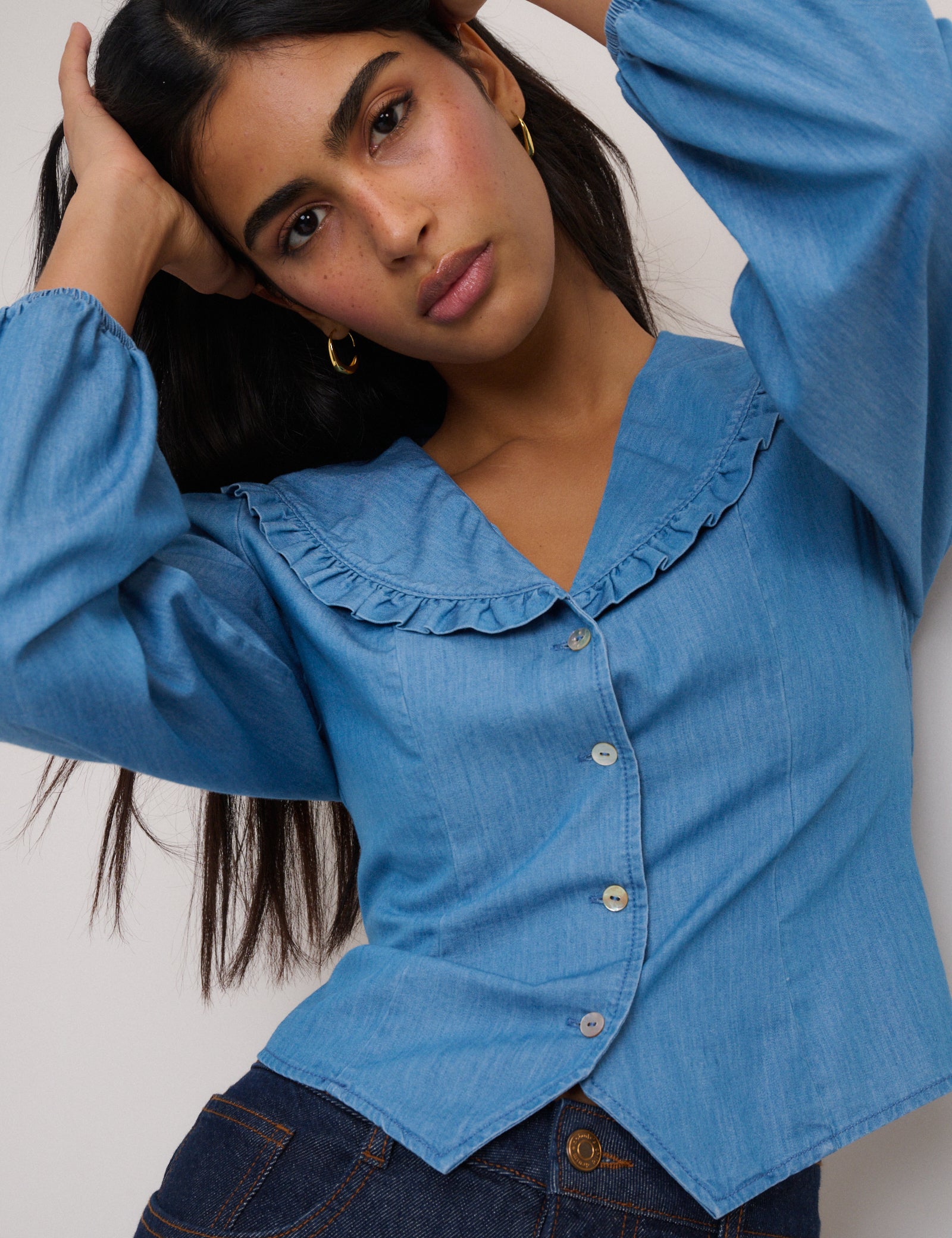 Blue Denim Frill Long Sleeve Blouse