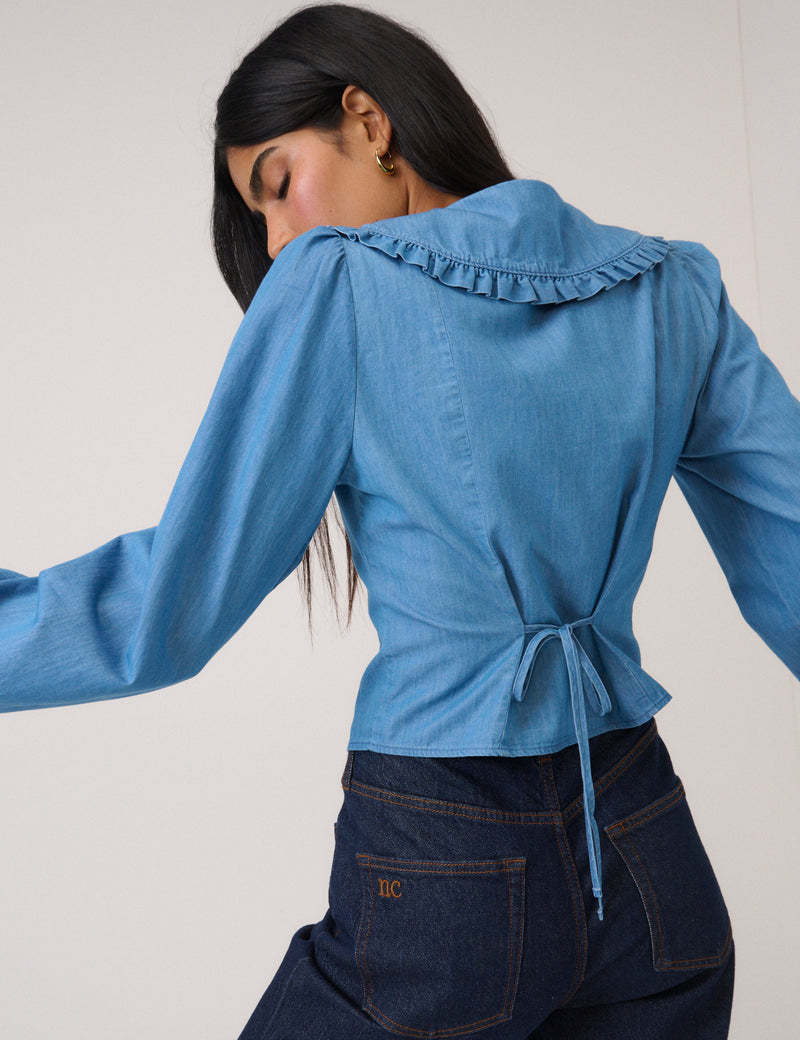 Blue Denim Frill Long Sleeve Blouse