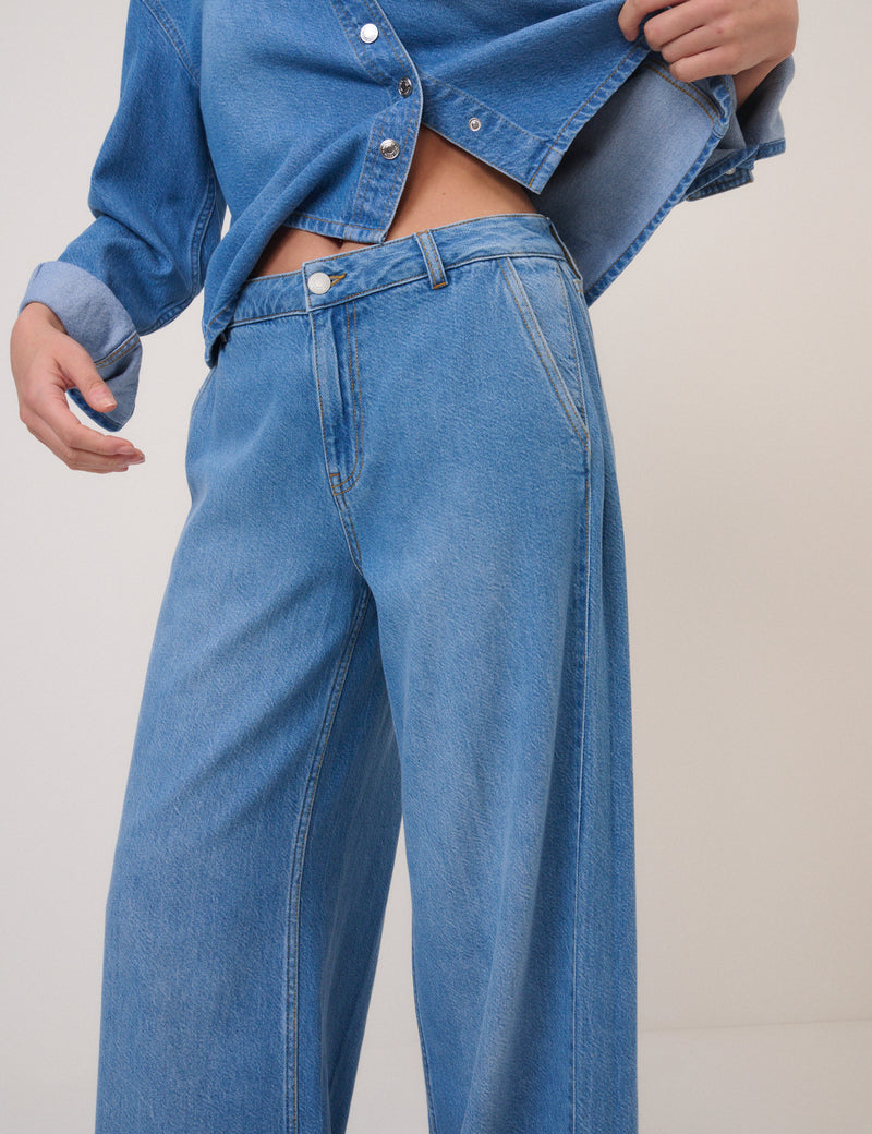 Blue Mid Rise Wide Leg Jeans