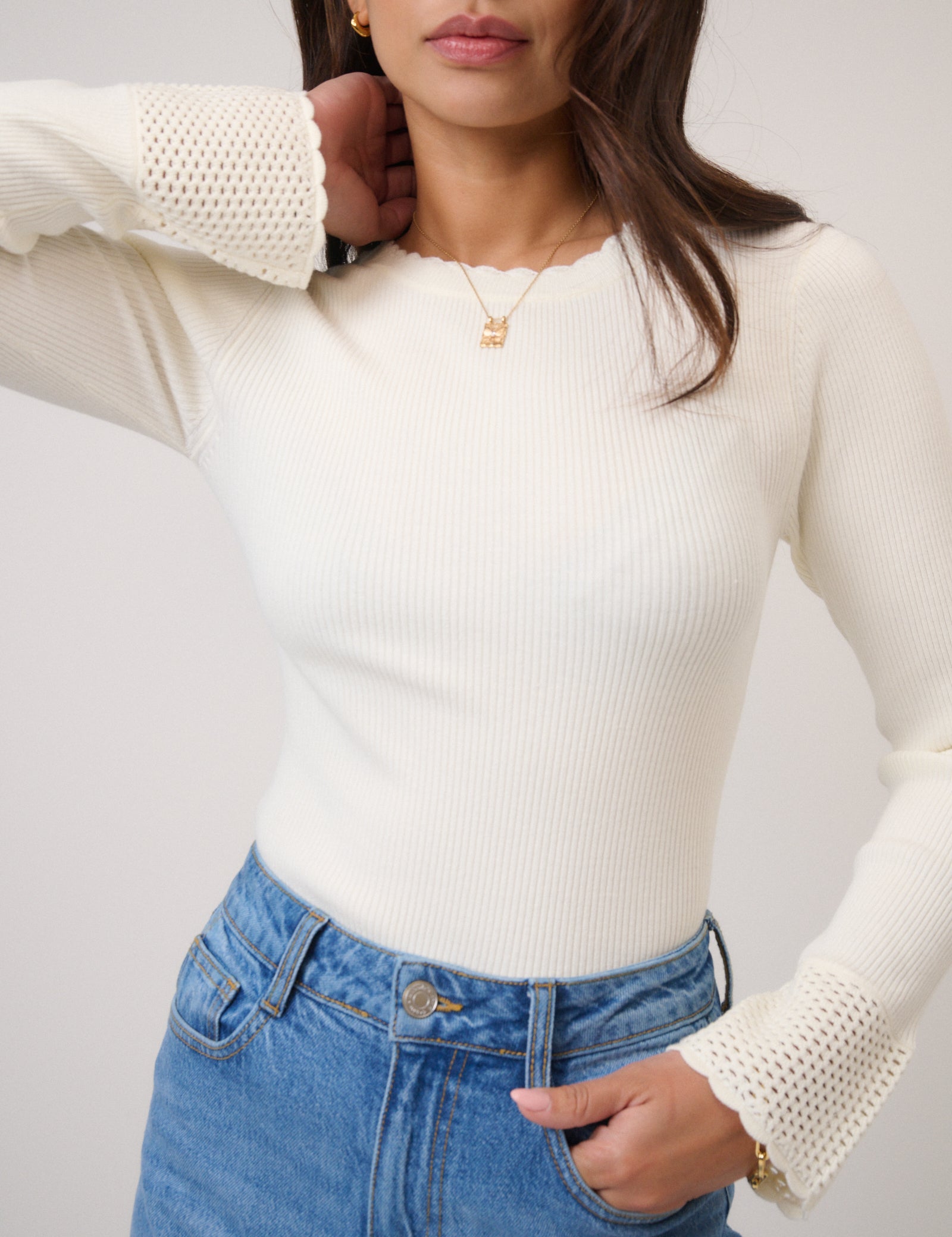 White Crochet Trim Knitted Top