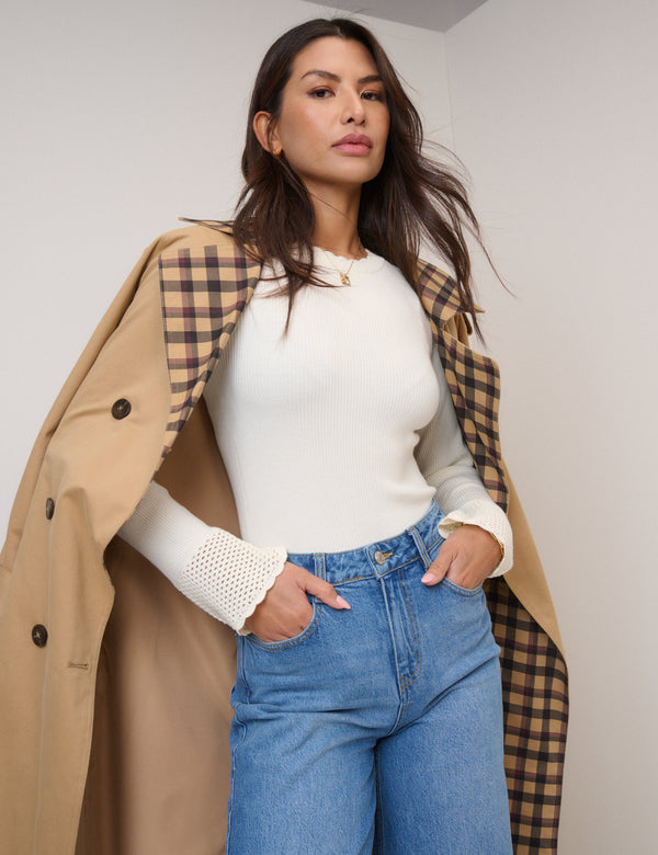 White Crochet Trim Knitted Top