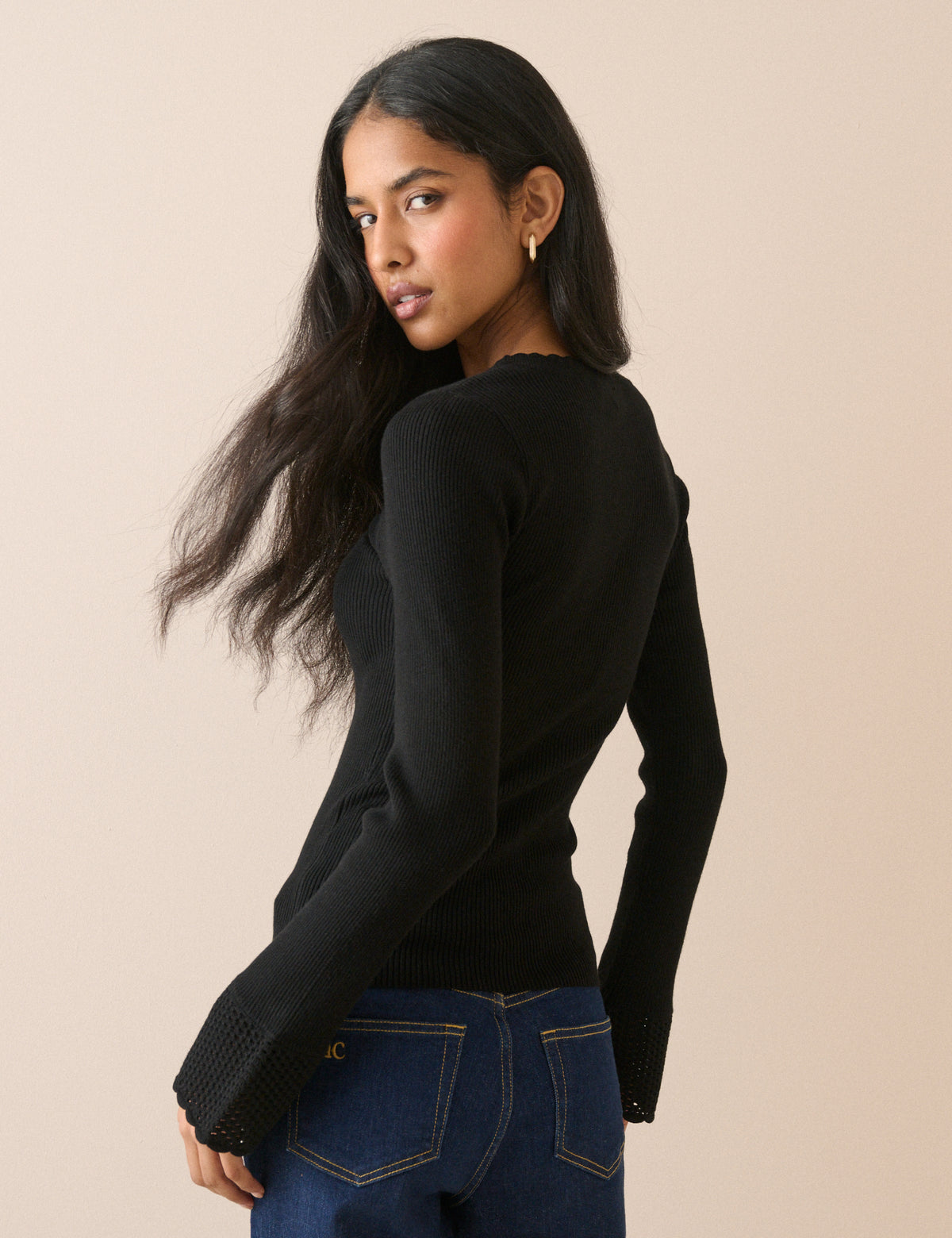 Black Crochet Trim Ribbed Top