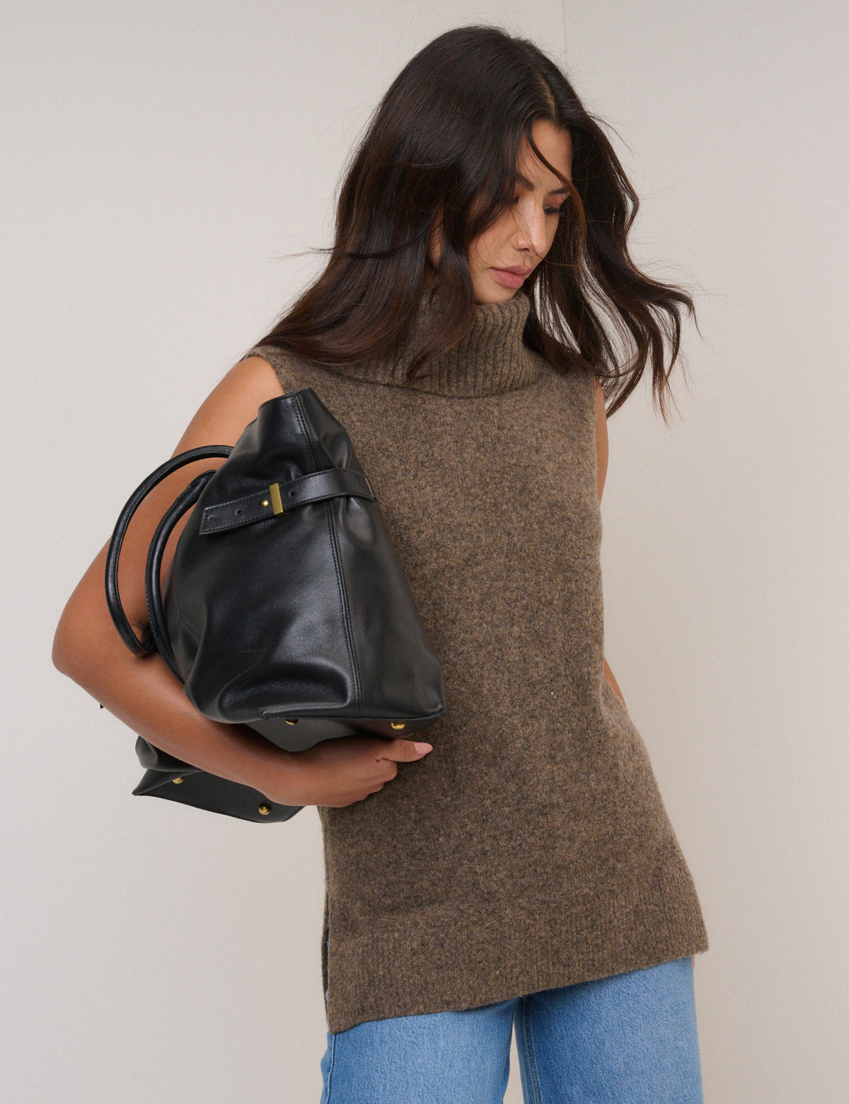 Brown Roll Neck Knitted Vest